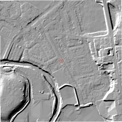 Shaded relief map of the ground around BL99PW, computed from Environment Agency LiDAR. The ground here sits at about 70 m above sea level and falls 17 m across the surrounding 800 m. Surface water reaching this point runs off ground lying to the west, 0.9 m higher.