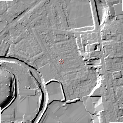 Shaded relief map of the ground around BL99PY, computed from Environment Agency LiDAR. The ground here sits at about 70 m above sea level and falls 17 m across the surrounding 800 m. Surface water reaching this point runs off ground lying to the north-west, 0.9 m higher.