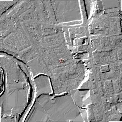 Shaded relief map of the ground around BL99QA, computed from Environment Agency LiDAR. The ground here sits at about 70 m above sea level and falls 18 m across the surrounding 800 m. Surface water reaching this point runs off ground lying to the north-east, 8.8 m higher.