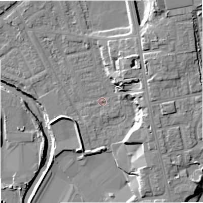 Shaded relief map of the ground around BL99QB, computed from Environment Agency LiDAR. The ground here sits at about 70 m above sea level and falls 18 m across the surrounding 800 m. Surface water reaching this point runs off ground lying to the north-north-east, 8.8 m higher.