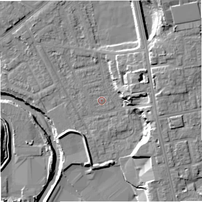 Shaded relief map of the ground around BL99QE, computed from Environment Agency LiDAR. The ground here sits at about 70 m above sea level and falls 17 m across the surrounding 800 m. Surface water reaching this point runs off ground lying to the north-west, 0.8 m higher.