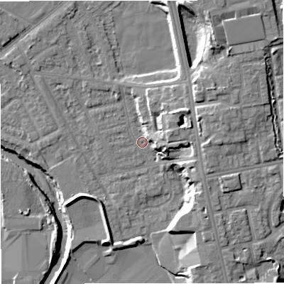 Shaded relief map of the ground around BL99QF, computed from Environment Agency LiDAR. The ground here sits at about 70 m above sea level and falls 17 m across the surrounding 800 m. Surface water reaching this point runs off ground lying to the north-east, 8.5 m higher.