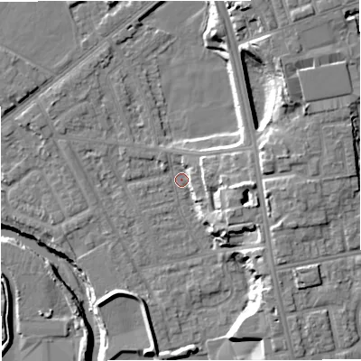 Shaded relief map of the ground around BL99QQ, computed from Environment Agency LiDAR. The ground here sits at about 70 m above sea level and falls 18 m across the surrounding 800 m. Surface water reaching this point runs off ground lying to the north-north-east, 12.1 m higher.