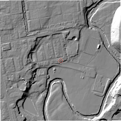 Shaded relief map of the ground around BL99RG, computed from Environment Agency LiDAR. The ground here sits at about 70 m above sea level and falls 23 m across the surrounding 800 m. Surface water reaching this point runs off ground lying to the west, 10.4 m higher.