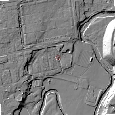 Shaded relief map of the ground around BL99RN, computed from Environment Agency LiDAR. The ground here sits at about 72 m above sea level and falls 25 m across the surrounding 800 m. Surface water reaching this point runs off ground lying to the north-west, 10.6 m higher.