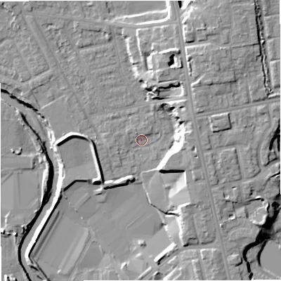 Shaded relief map of the ground around BL99SF, computed from Environment Agency LiDAR. The ground here sits at about 69 m above sea level and falls 16 m across the surrounding 800 m. Surface water reaching this point runs off ground lying to the north-north-west, 1.7 m higher.