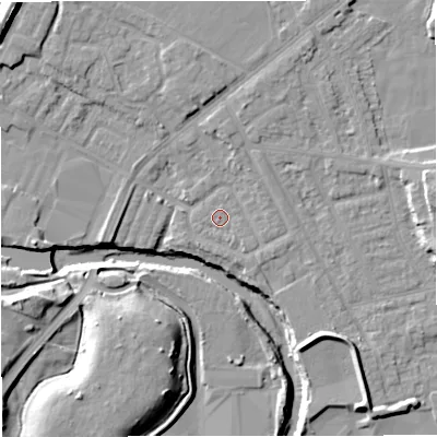 Shaded relief map of the ground around BL99SJ, computed from Environment Agency LiDAR. The ground here sits at about 70 m above sea level and falls 15 m across the surrounding 800 m. Surface water reaching this point runs off ground lying to the south-east, 0.8 m higher.