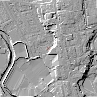 Shaded relief map of the ground around BL99SQ, computed from Environment Agency LiDAR. The ground here sits at about 70 m above sea level and falls 16 m across the surrounding 800 m. Surface water reaching this point runs off ground lying to the north-east, 9.2 m higher.