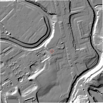Shaded relief map of the ground around BL99SZ, computed from Environment Agency LiDAR. The ground here sits at about 72 m above sea level and falls 28 m across the surrounding 800 m. Surface water reaching this point runs off ground lying to the north-west, 1.5 m higher.
