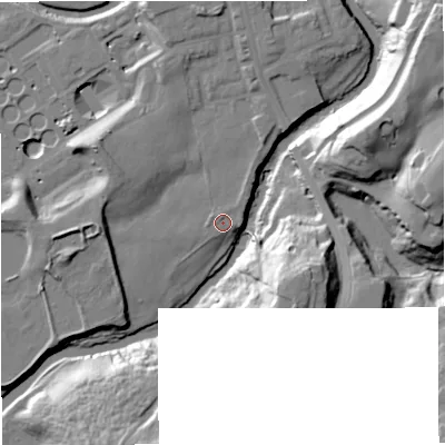 Shaded relief map of the ground around BL99TA, computed from Environment Agency LiDAR. The ground here sits at about 68 m above sea level and falls 33 m across the surrounding 800 m. Surface water reaching this point runs off ground lying to the north, 1.9 m higher.