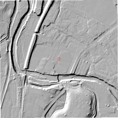 Shaded relief map of the ground around BL99TB, computed from Environment Agency LiDAR. The ground here sits at about 71 m above sea level and falls 20 m across the surrounding 800 m. Surface water reaching this point runs off ground lying to the north-north-west, 0.7 m higher.