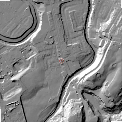 Shaded relief map of the ground around BL99TQ, computed from Environment Agency LiDAR. The ground here sits at about 71 m above sea level and falls 31 m across the surrounding 800 m. Surface water reaching this point runs off ground lying to the north-north-west, 5.4 m higher.