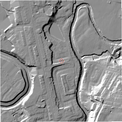 Shaded relief map of the ground around BL99TT, computed from Environment Agency LiDAR. The ground here sits at about 70 m above sea level and falls 29 m across the surrounding 800 m. Surface water reaching this point runs off ground lying to the north-west, 6.3 m higher.