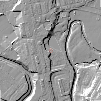 Shaded relief map of the ground around BL99TX, computed from Environment Agency LiDAR. The ground here sits at about 70 m above sea level and falls 26 m across the surrounding 800 m. Surface water reaching this point runs off ground lying to the north-north-west, 8.0 m higher.