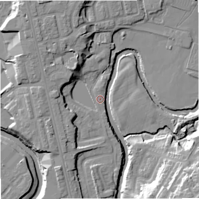 Shaded relief map of the ground around BL99TY, computed from Environment Agency LiDAR. The ground here sits at about 69 m above sea level and falls 26 m across the surrounding 800 m. The ground contributing surface water to this point lies to the north-north-west.