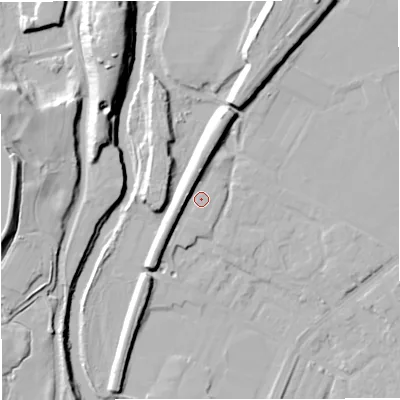 Shaded relief map of the ground around BL99UF, computed from Environment Agency LiDAR. The ground here sits at about 73 m above sea level and falls 22 m across the surrounding 800 m. Surface water reaching this point runs off ground lying to the west-north-west, 6.6 m higher.