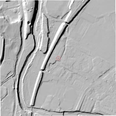Shaded relief map of the ground around BL99UG, computed from Environment Agency LiDAR. The ground here sits at about 73 m above sea level and falls 25 m across the surrounding 800 m. Surface water reaching this point runs off ground lying to the north-north-east, 9.8 m higher.