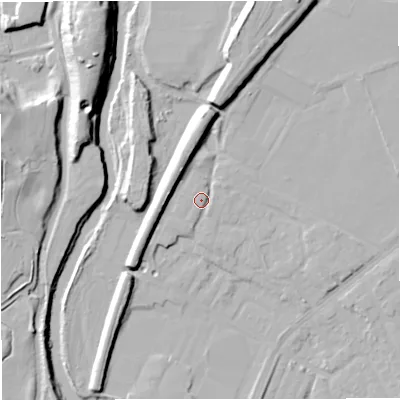 Shaded relief map of the ground around BL99UH, computed from Environment Agency LiDAR. The ground here sits at about 73 m above sea level and falls 22 m across the surrounding 800 m. Surface water reaching this point runs off ground lying to the north-north-east, 9.8 m higher.