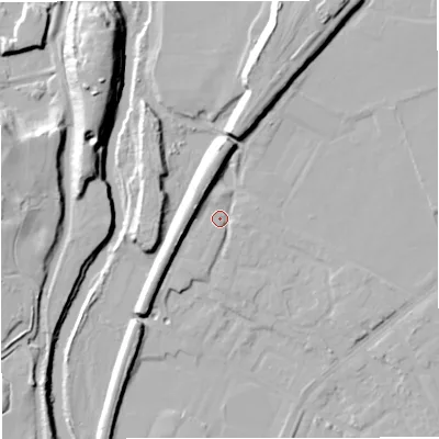 Shaded relief map of the ground around BL99UJ, computed from Environment Agency LiDAR. The ground here sits at about 73 m above sea level and falls 21 m across the surrounding 800 m. Surface water reaching this point runs off ground lying to the north-north-east, 9.8 m higher.