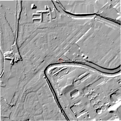 Shaded relief map of the ground around BL99UT, computed from Environment Agency LiDAR. The ground here sits at about 65 m above sea level and falls 14 m across the surrounding 800 m. Surface water reaching this point runs off ground lying to the west, 11.1 m higher.
