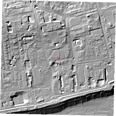 Shaded relief map of the ground around BN111LZ, computed from Environment Agency LiDAR. The ground here sits at about 7 m above sea level and falls 13 m across the surrounding 800 m. Surface water reaching this point runs off ground lying to the north-west, 1.9 m higher.