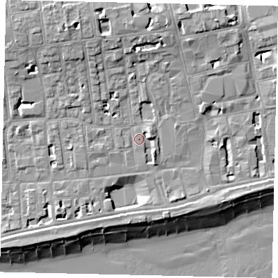 Shaded relief map of the ground around BN111QN, computed from Environment Agency LiDAR. The ground here sits at about 5 m above sea level and falls 14 m across the surrounding 800 m. Surface water reaching this point runs off ground lying to the north-north-west, 6.4 m higher.