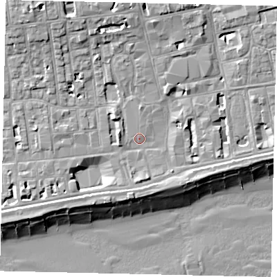 Shaded relief map of the ground around BN111SX, computed from Environment Agency LiDAR. The ground here sits at about 5 m above sea level and falls 14 m across the surrounding 800 m. Surface water reaching this point runs off ground lying to the north-west, 8.7 m higher.