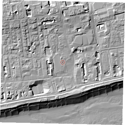 Shaded relief map of the ground around BN111SY, computed from Environment Agency LiDAR. The ground here sits at about 5 m above sea level and falls 14 m across the surrounding 800 m. Surface water reaching this point runs off ground lying to the north-north-west, 0.9 m higher.