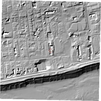 Shaded relief map of the ground around BN111TA, computed from Environment Agency LiDAR. The ground here sits at about 5 m above sea level and falls 14 m across the surrounding 800 m. Surface water reaching this point runs off ground lying to the north, 2.7 m higher.