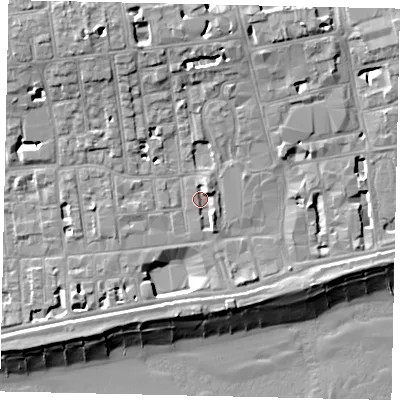 Shaded relief map of the ground around BN111TD, computed from Environment Agency LiDAR. The ground here sits at about 5 m above sea level and falls 14 m across the surrounding 800 m. Surface water reaching this point runs off ground lying to the north-east, 2.7 m higher.
