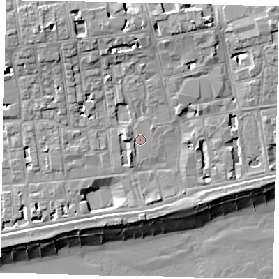Shaded relief map of the ground around BN111YH, computed from Environment Agency LiDAR. The ground here sits at about 5 m above sea level and falls 14 m across the surrounding 800 m. Surface water reaching this point runs off ground lying to the west, 1.9 m higher.