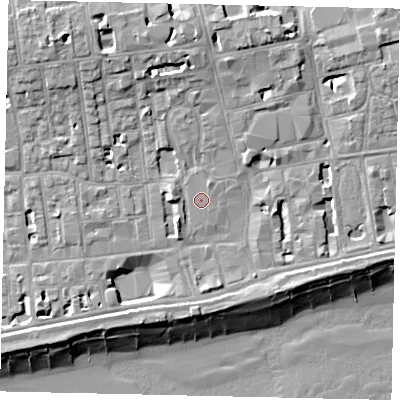 Shaded relief map of the ground around BN111YJ, computed from Environment Agency LiDAR. The ground here sits at about 5 m above sea level and falls 14 m across the surrounding 800 m. Surface water reaching this point runs off ground lying to the north, 0.6 m higher.