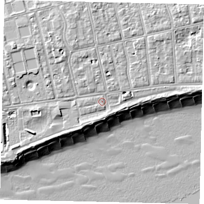 Shaded relief map of the ground around BN112BJ, computed from Environment Agency LiDAR. The ground here sits at about 6 m above sea level and falls 11 m across the surrounding 800 m. Surface water reaching this point runs off ground lying to the north-north-west, 3.8 m higher.