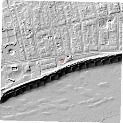 Shaded relief map of the ground around BN112BL, computed from Environment Agency LiDAR. The ground here sits at about 5 m above sea level and falls 11 m across the surrounding 800 m. Surface water reaching this point runs off ground lying to the north-north-west, 3.8 m higher.