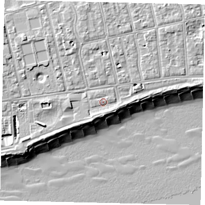 Shaded relief map of the ground around BN112BQ, computed from Environment Agency LiDAR. The ground here sits at about 6 m above sea level and falls 11 m across the surrounding 800 m. Surface water reaching this point runs off ground lying to the north-north-west, 3.8 m higher.