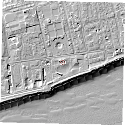 Shaded relief map of the ground around BN112EJ, computed from Environment Agency LiDAR. The ground here sits at about 5 m above sea level and falls 13 m across the surrounding 800 m. Surface water reaching this point runs off ground lying to the north-north-east, 1.7 m higher.
