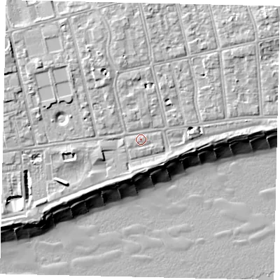 Shaded relief map of the ground around BN112EN, computed from Environment Agency LiDAR. The ground here sits at about 6 m above sea level and falls 11 m across the surrounding 800 m. The ground contributing surface water to this point lies to the north-east.