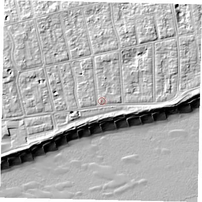 Shaded relief map of the ground around BN112EU, computed from Environment Agency LiDAR. The ground here sits at about 6 m above sea level and falls 11 m across the surrounding 800 m. Surface water reaching this point runs off ground lying to the north-west, 2.8 m higher.