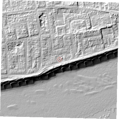 Shaded relief map of the ground around BN112EY, computed from Environment Agency LiDAR. The ground here sits at about 5 m above sea level and falls 11 m across the surrounding 800 m. Surface water reaching this point runs off ground lying to the north-east, 2.9 m higher.