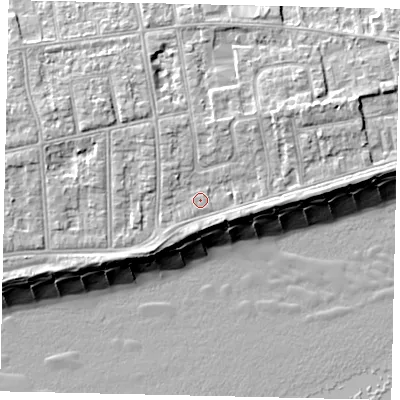 Shaded relief map of the ground around BN112EZ, computed from Environment Agency LiDAR. The ground here sits at about 6 m above sea level and falls 11 m across the surrounding 800 m. Surface water reaching this point runs off ground lying to the north-east, 2.9 m higher.