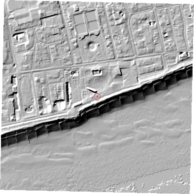 Shaded relief map of the ground around BN112FG, computed from Environment Agency LiDAR. The ground here sits at about 5 m above sea level and falls 12 m across the surrounding 800 m. Surface water reaching this point runs off ground lying to the north, 4.2 m higher.