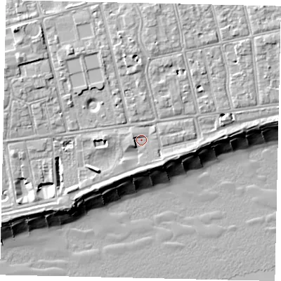 Shaded relief map of the ground around BN112FJ, computed from Environment Agency LiDAR. The ground here sits at about 5 m above sea level and falls 13 m across the surrounding 800 m. Surface water reaching this point runs off ground lying to the north, 3.0 m higher.