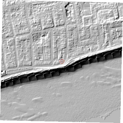 Shaded relief map of the ground around BN112HA, computed from Environment Agency LiDAR. The ground here sits at about 5 m above sea level and falls 11 m across the surrounding 800 m. Surface water reaching this point runs off ground lying to the north-east, 2.9 m higher.