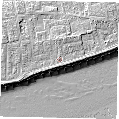 Shaded relief map of the ground around BN112HB, computed from Environment Agency LiDAR. The ground here sits at about 6 m above sea level and falls 11 m across the surrounding 800 m. Surface water reaching this point runs off ground lying to the north-east, 1.8 m higher.