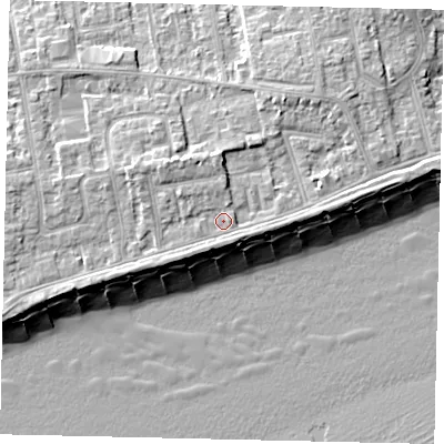 Shaded relief map of the ground around BN112HG, computed from Environment Agency LiDAR. The ground here sits at about 6 m above sea level and falls 11 m across the surrounding 800 m. Surface water reaching this point runs off ground lying to the north, 1.8 m higher.