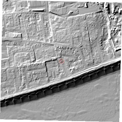 Shaded relief map of the ground around BN112HH, computed from Environment Agency LiDAR. The ground here sits at about 6 m above sea level and falls 11 m across the surrounding 800 m. Surface water reaching this point runs off ground lying to the north, 2.8 m higher.