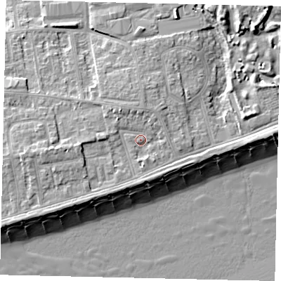 Shaded relief map of the ground around BN112HJ, computed from Environment Agency LiDAR. The ground here sits at about 6 m above sea level and falls 11 m across the surrounding 800 m. Surface water reaching this point runs off ground lying to the north-west, 2.9 m higher.