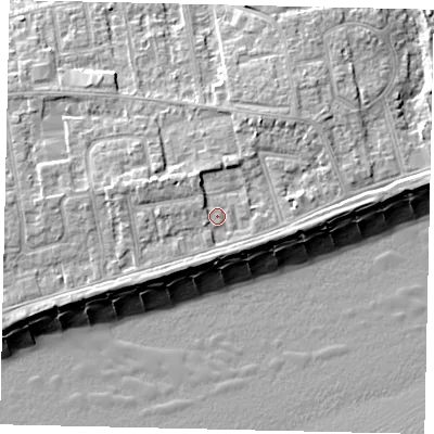 Shaded relief map of the ground around BN112HN, computed from Environment Agency LiDAR. The ground here sits at about 6 m above sea level and falls 11 m across the surrounding 800 m. Surface water reaching this point runs off ground lying to the north-west, 1.7 m higher.