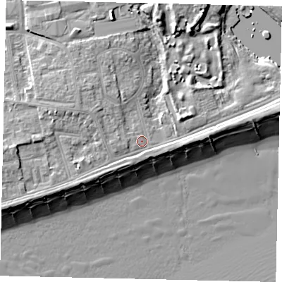 Shaded relief map of the ground around BN112HP, computed from Environment Agency LiDAR. The ground here sits at about 5 m above sea level and falls 11 m across the surrounding 800 m. Surface water reaching this point runs off ground lying to the west, 1.5 m higher.
