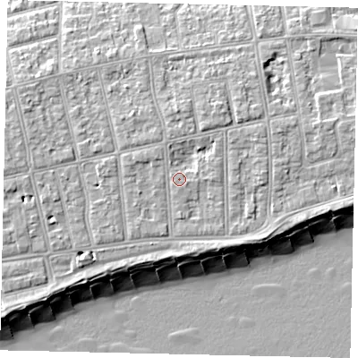 Shaded relief map of the ground around BN112LX, computed from Environment Agency LiDAR. The ground here sits at about 6 m above sea level and falls 10 m across the surrounding 800 m. Surface water reaching this point runs off ground lying to the north-north-west, 0.9 m higher.